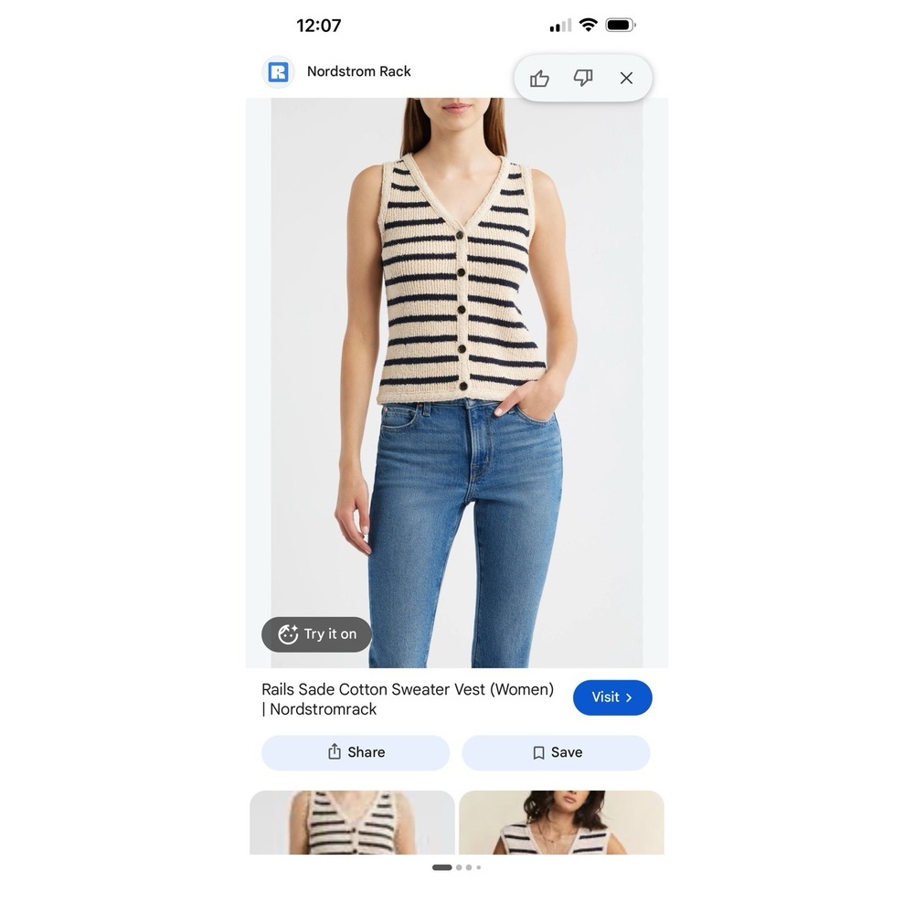 RAILS Sade Striped Sleeveless button front Sweater Top L 100% Cotton Ivory/ Navy